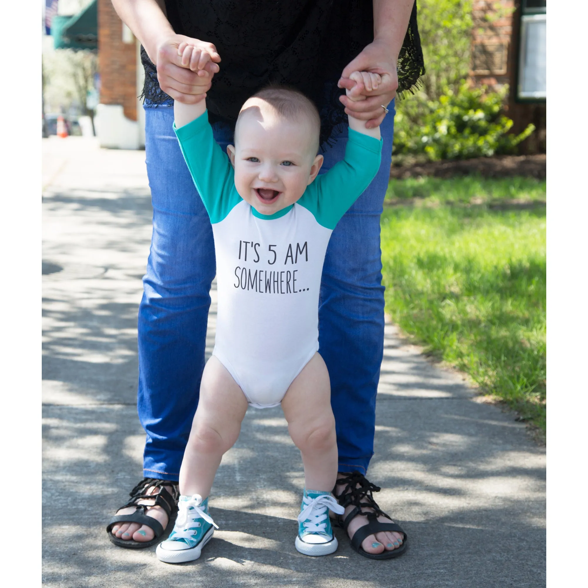 5 AM 3/4 Length Teal Sleeve Onesie