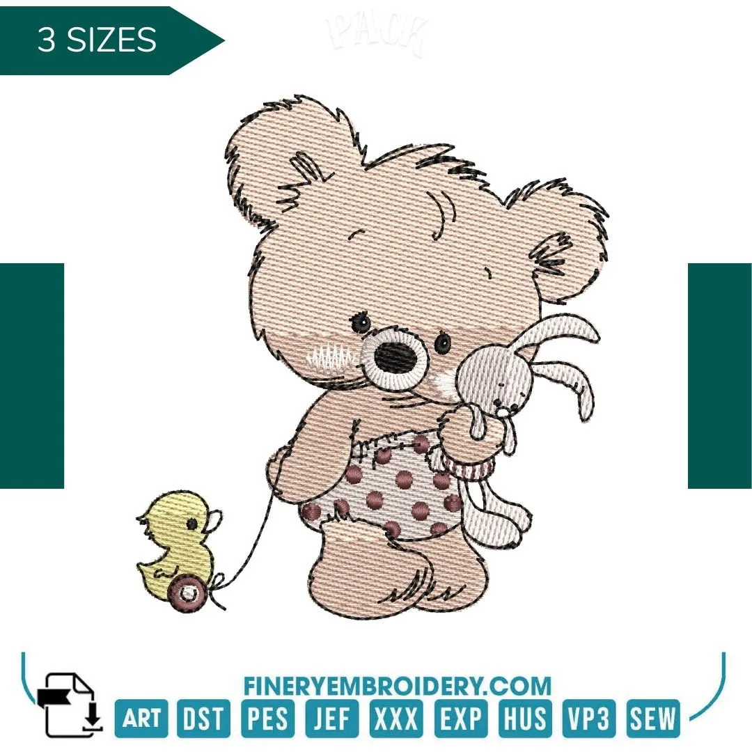 Adorable Teddy Bear with Duck - Embroidery Design