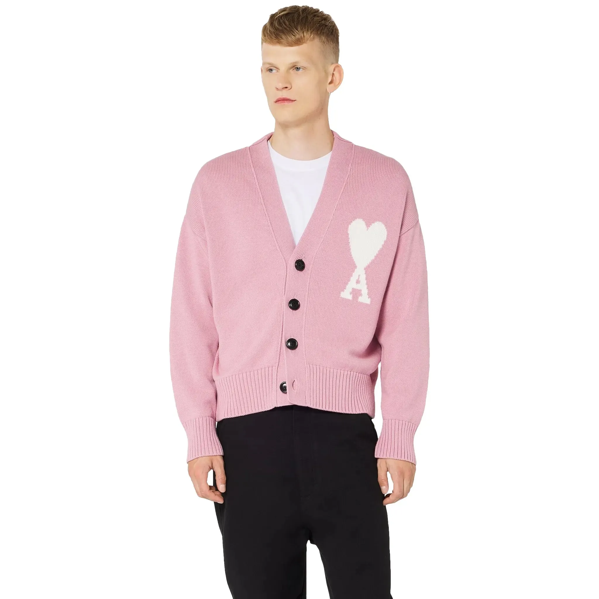 Ami Paris Ami De Coeur ADC Pink White Knit Cardigan