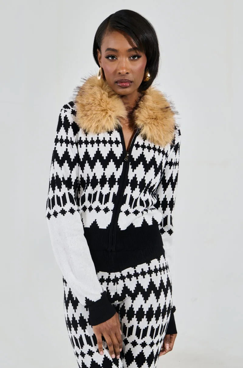 APRES SKI BADDIE FUR TRIM ZIP UP SWEATER