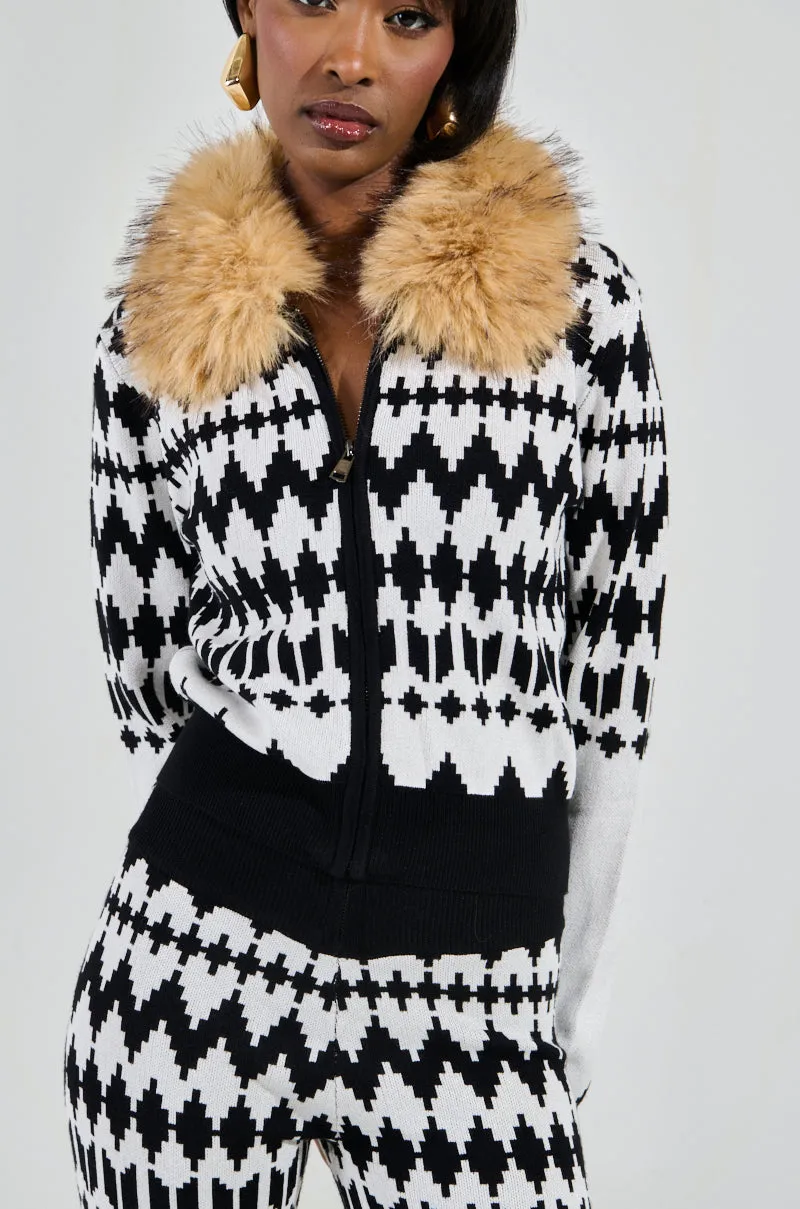 APRES SKI BADDIE FUR TRIM ZIP UP SWEATER