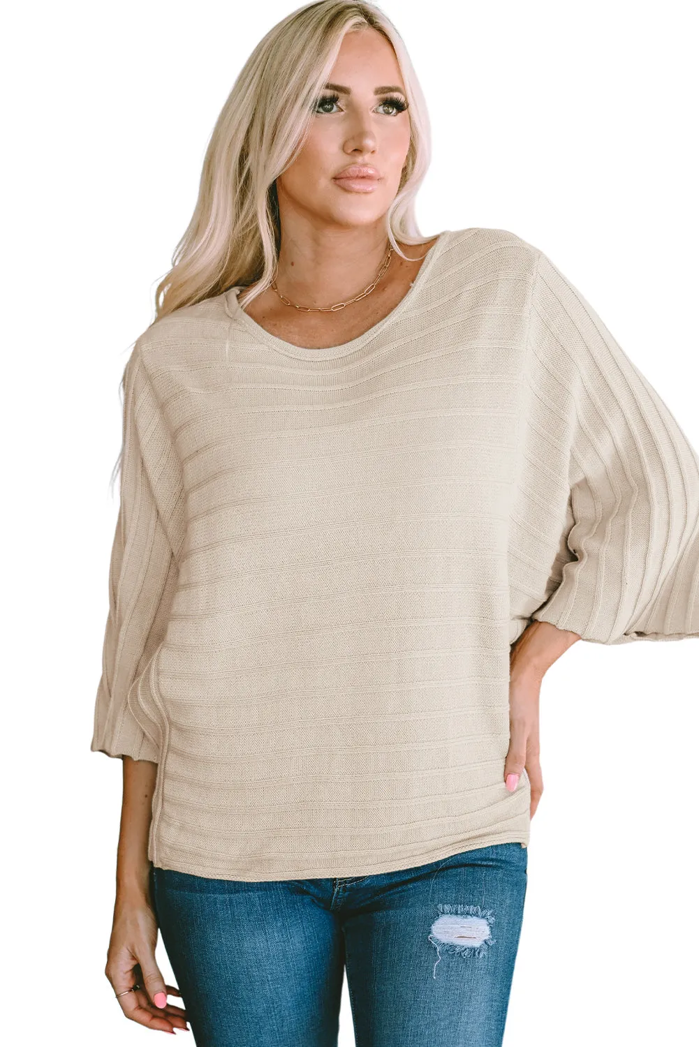 Apricot Ribbed Knit Dolman Sweater with Exposed Seams