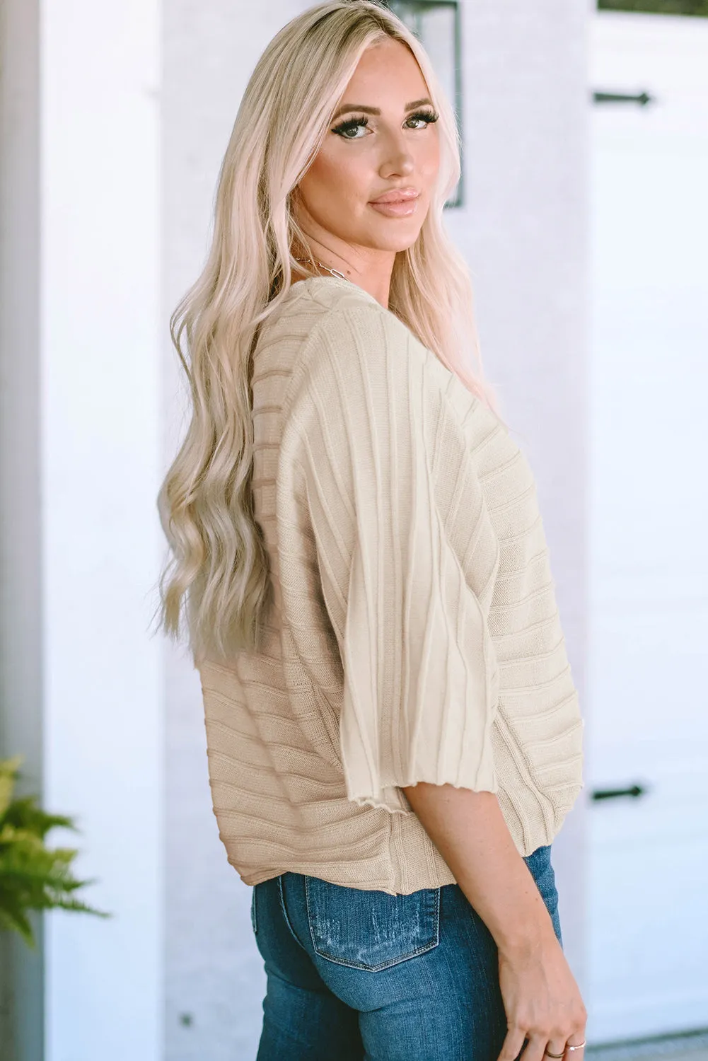 Apricot Ribbed Knit Dolman Sweater with Exposed Seams