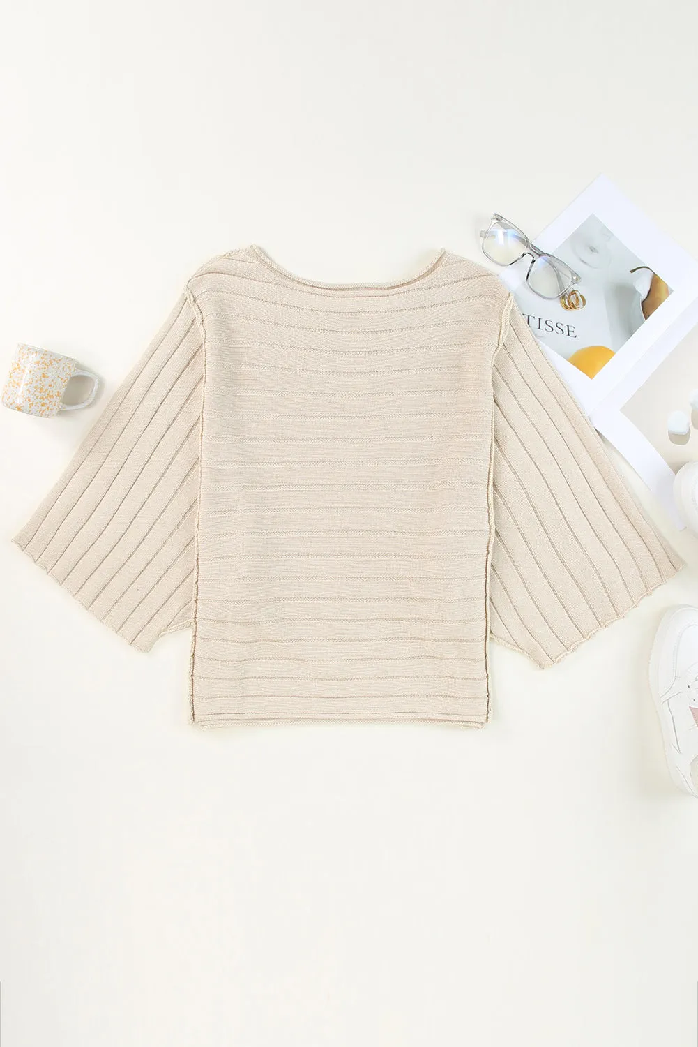 Apricot Ribbed Knit Dolman Sweater with Exposed Seams