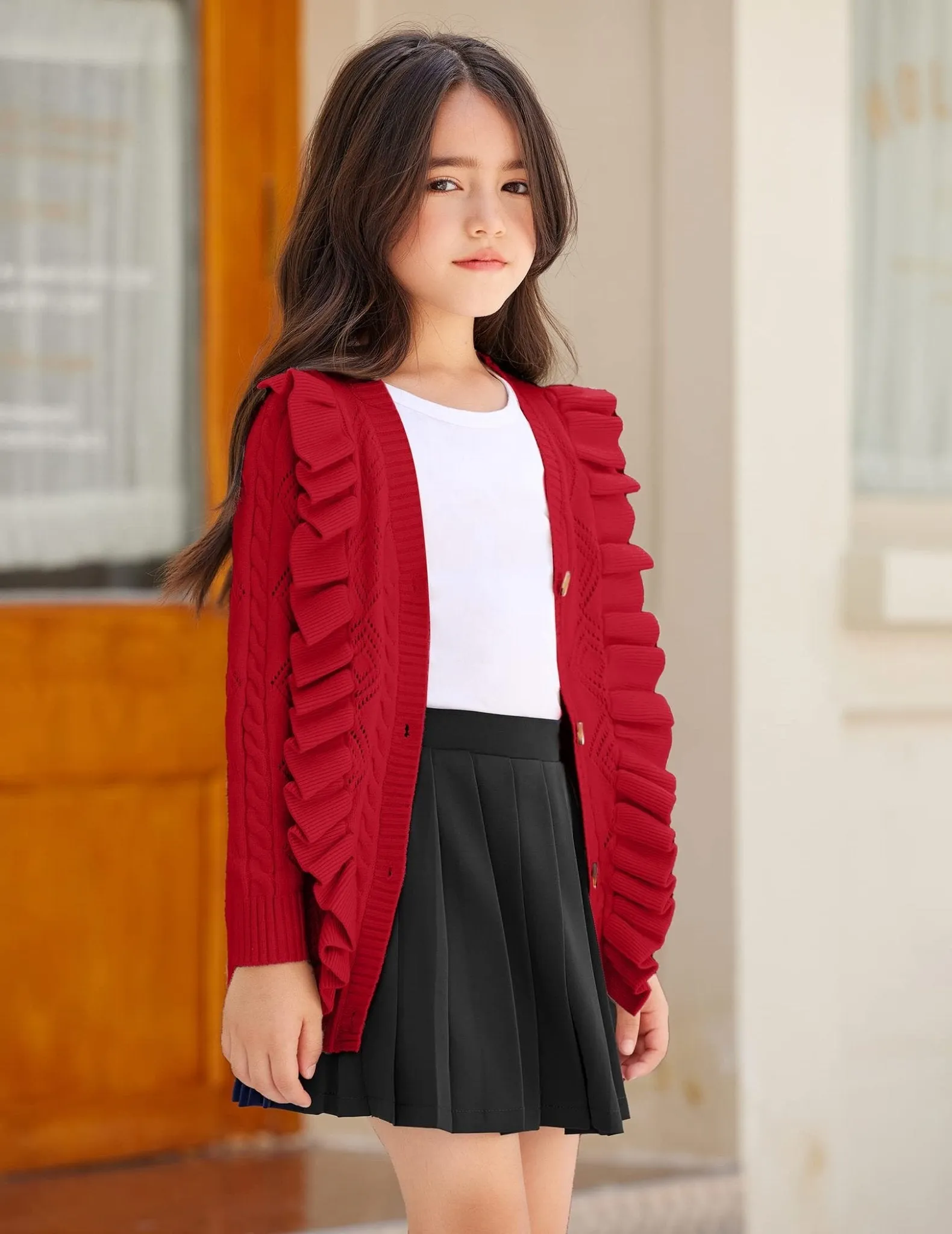 Arshiner Girls School Uniform Cardigan Sweater V Neck Ruffle Trim Cable Knit Fashion Cute Sweater Outwear Button Down Pointelle Knitted Tops Clothes Wine Red for 12-13 Years