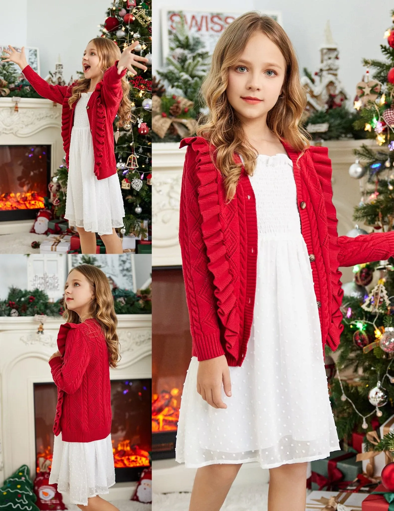 Arshiner Girls School Uniform Cardigan Sweater V Neck Ruffle Trim Cable Knit Fashion Cute Sweater Outwear Button Down Pointelle Knitted Tops Clothes Wine Red for 12-13 Years