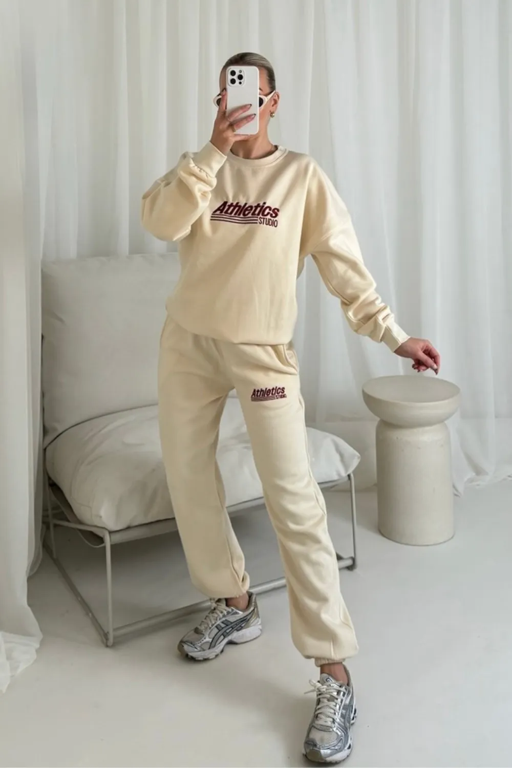 Athletics ecru and burgundy embroidered sweater joggers loungewear