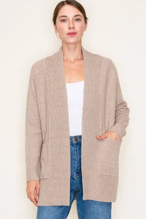 Basic Taupe Ribbed Edge Pocket Cardigan