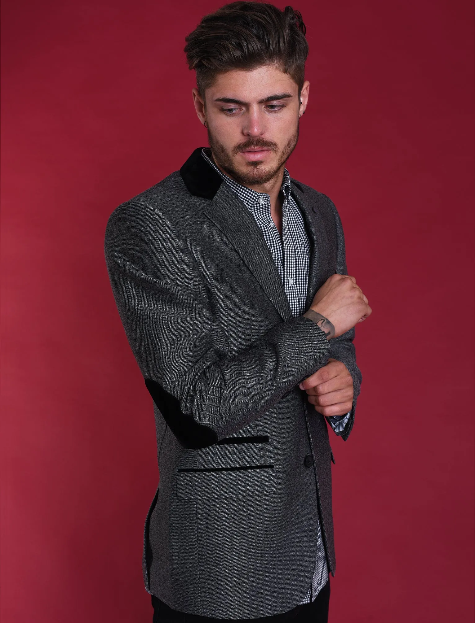 Bellucci Suit Blazer with Velvet Detail in Dark Grey Herringbone - Tokyo Laundry