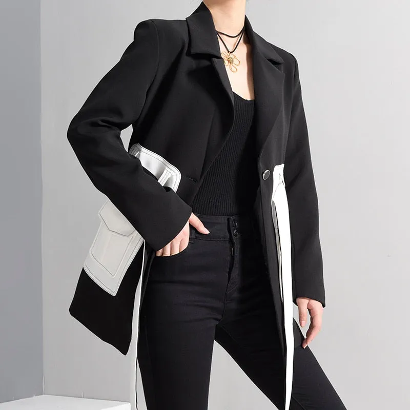 Black Contrast Color Pocket Blazer Long Sleeve Loose Fit Jacket