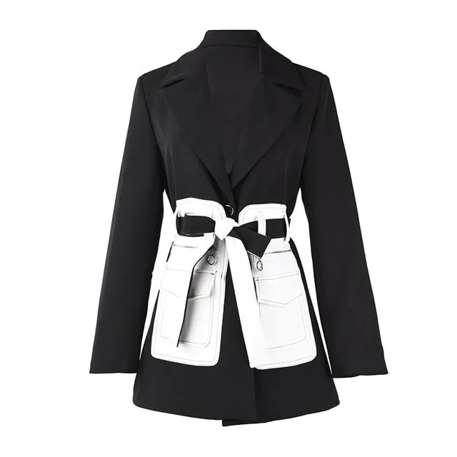 Black Contrast Color Pocket Blazer Long Sleeve Loose Fit Jacket