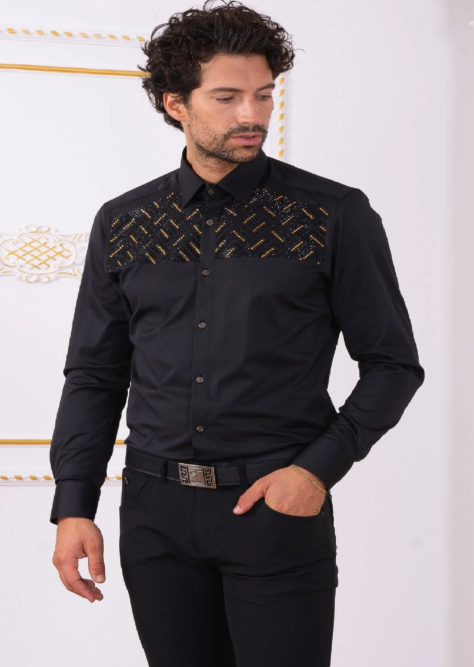 Black Gold "Upper Panel" Rhinestone Shirt