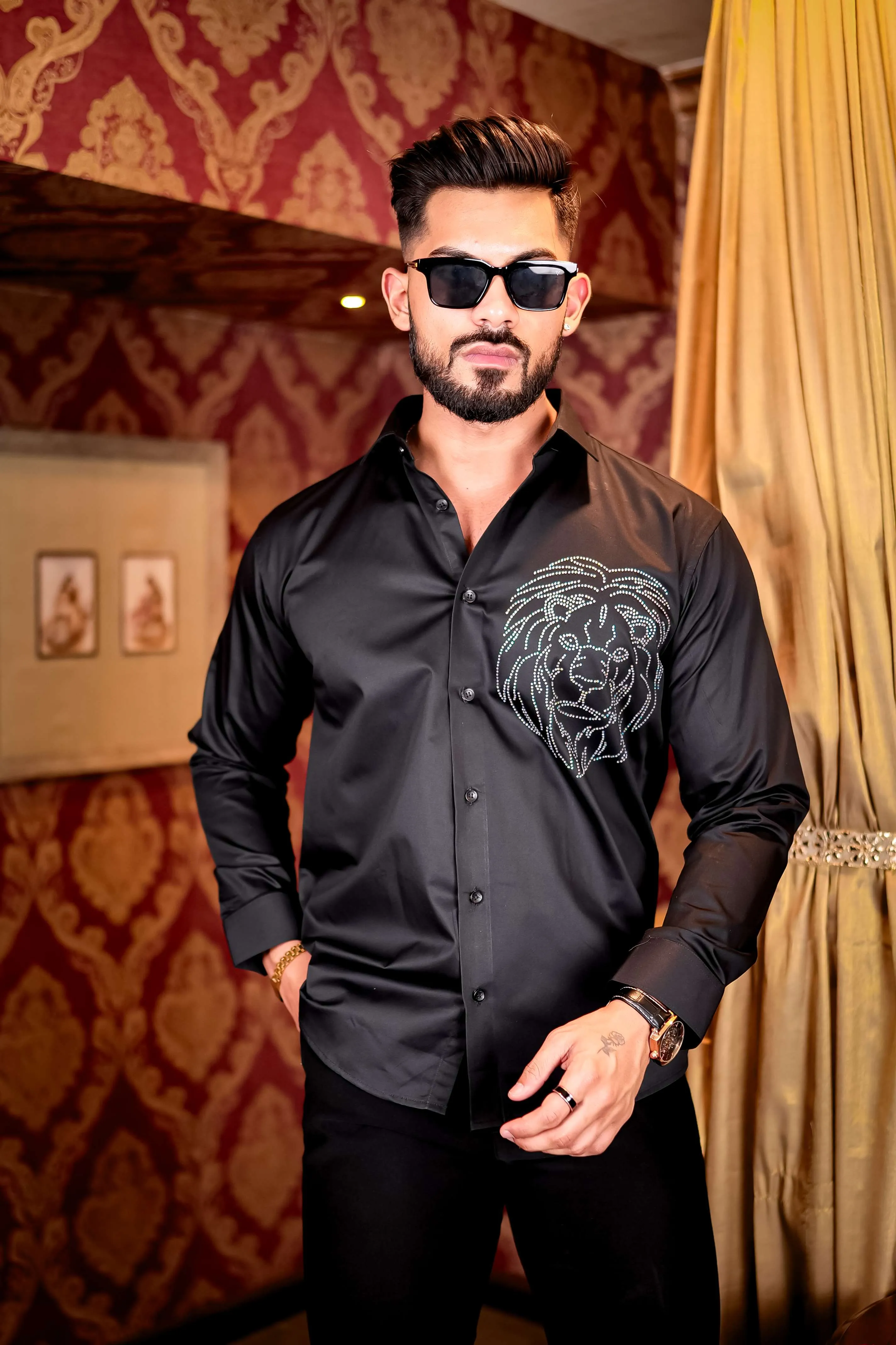 Black Mufasa Starry Beaded Satin Cotton Premium Party Shirt