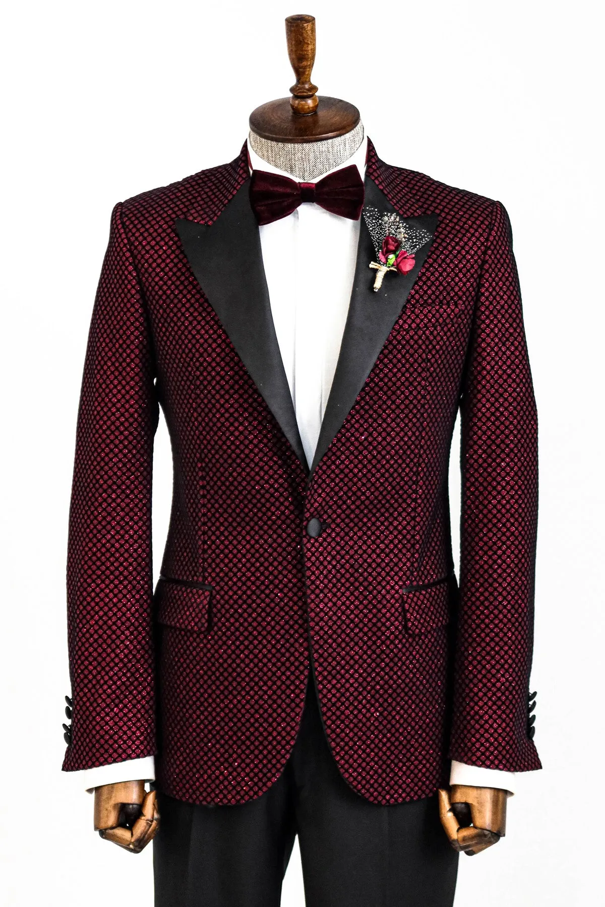 Black Patterned Over Burgundy Men Prom Blazer and Trousers Combination - Wessi