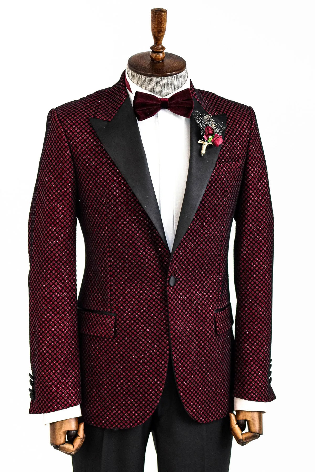 Black Patterned Over Burgundy Men Prom Blazer and Trousers Combination - Wessi