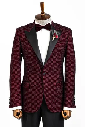 Black Patterned Over Burgundy Men Prom Blazer and Trousers Combination - Wessi