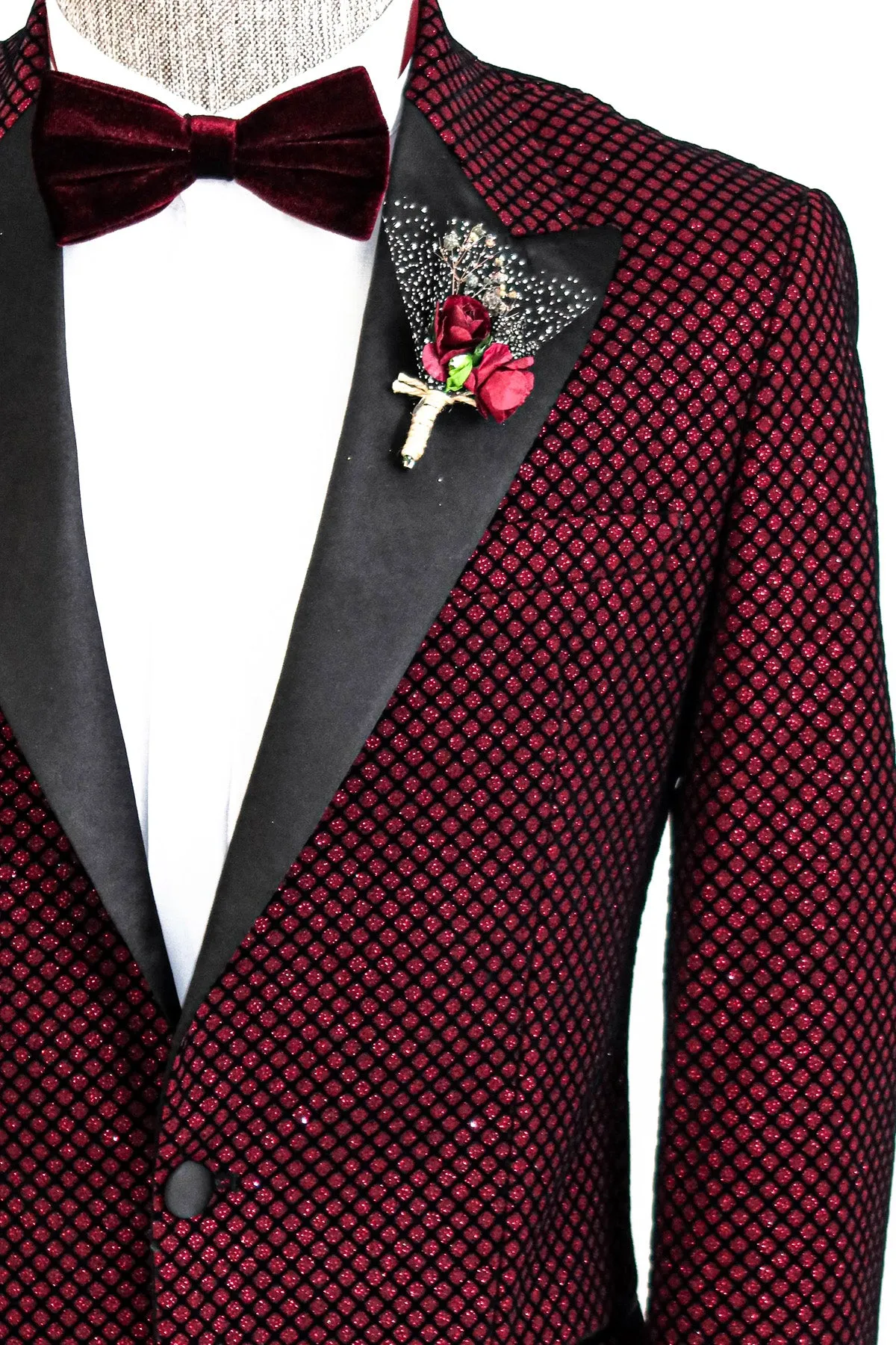 Black Patterned Over Burgundy Men Prom Blazer and Trousers Combination - Wessi