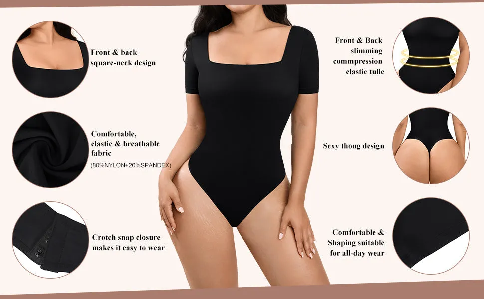 Black Square-Neck Short-Sleeve Tummy Control Shapewear Bodysuit