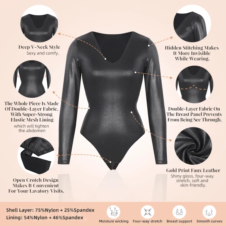 Black Vegan Leather Deep-V Long Sleeve Shaping Bodysuit