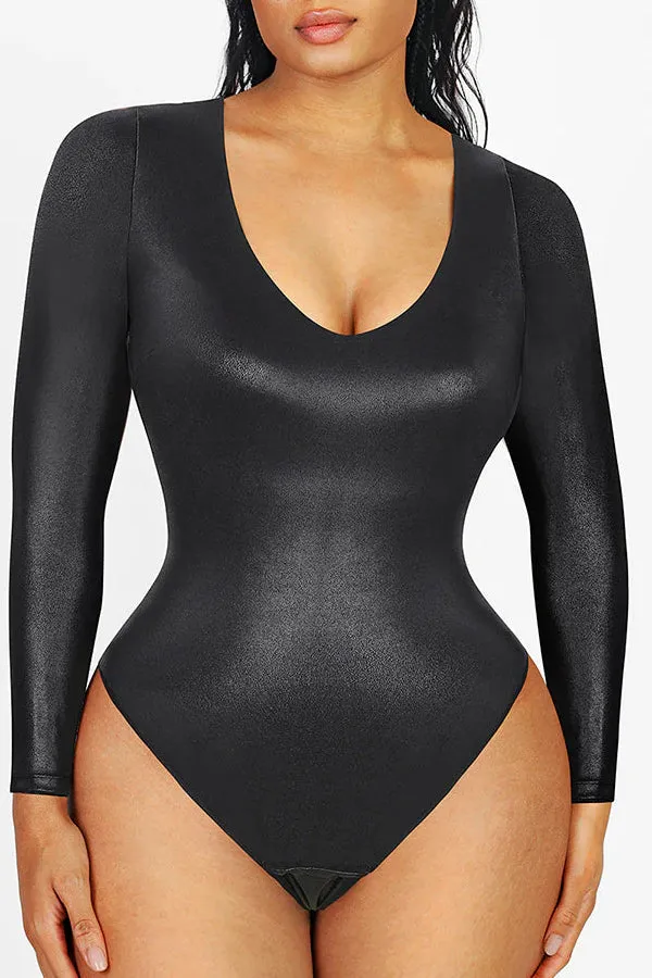 Black Vegan Leather Deep-V Long Sleeve Shaping Bodysuit