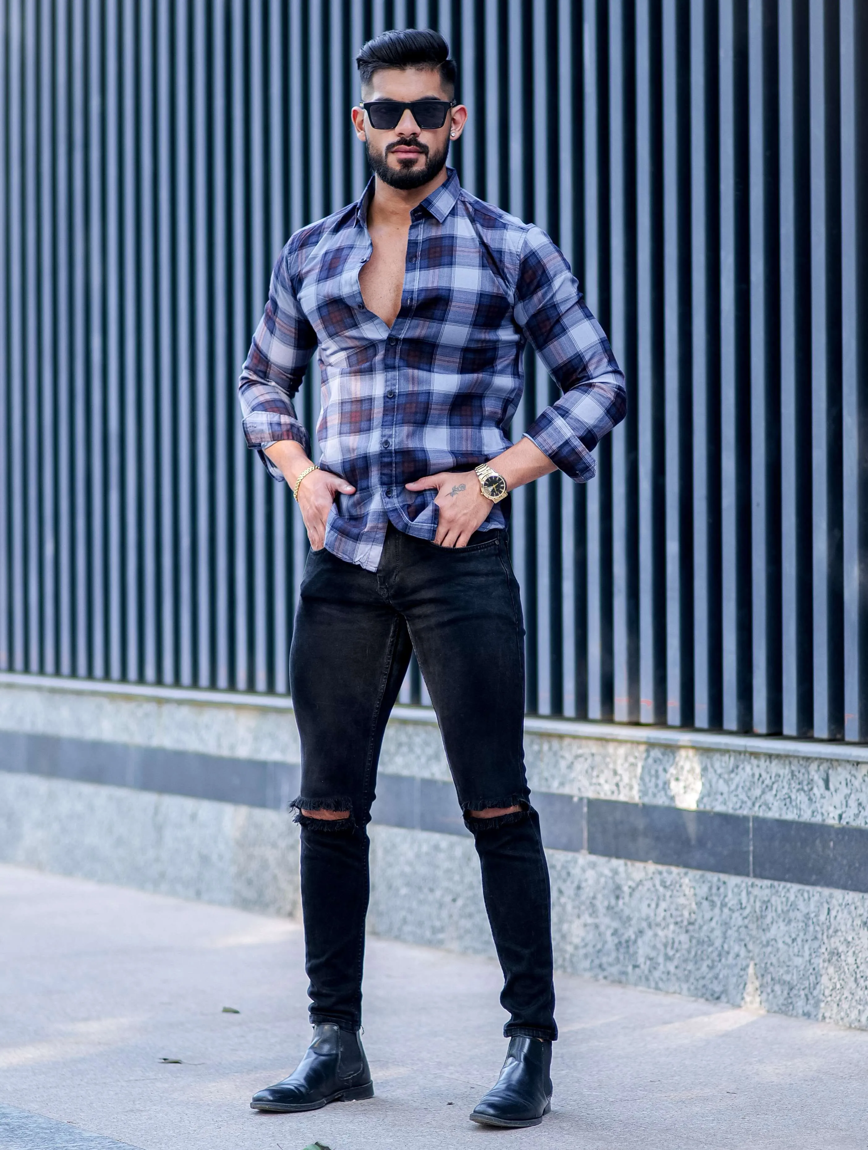 Blue Check Printed Cotton Shirt For Men