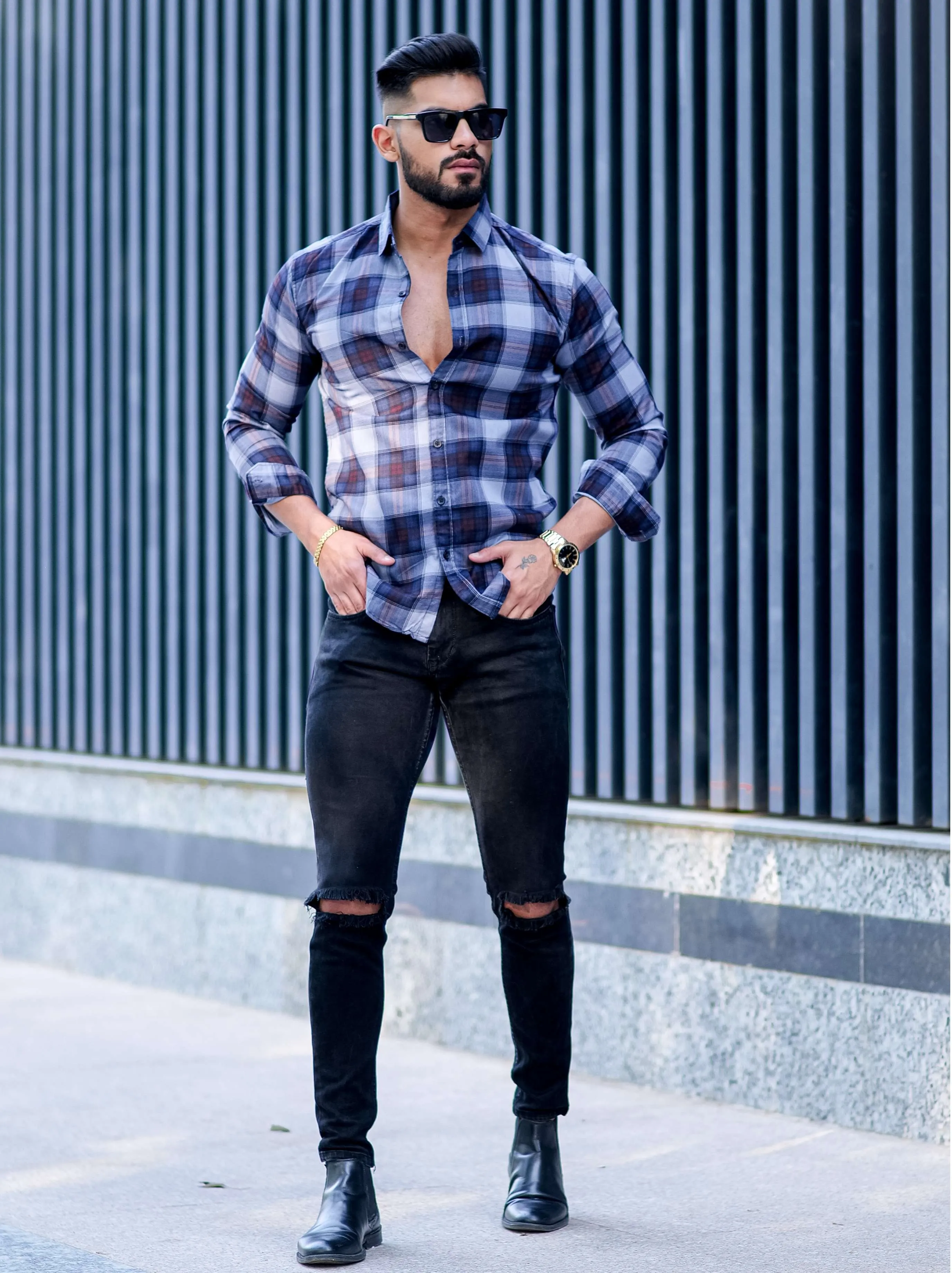 Blue Check Printed Cotton Shirt For Men