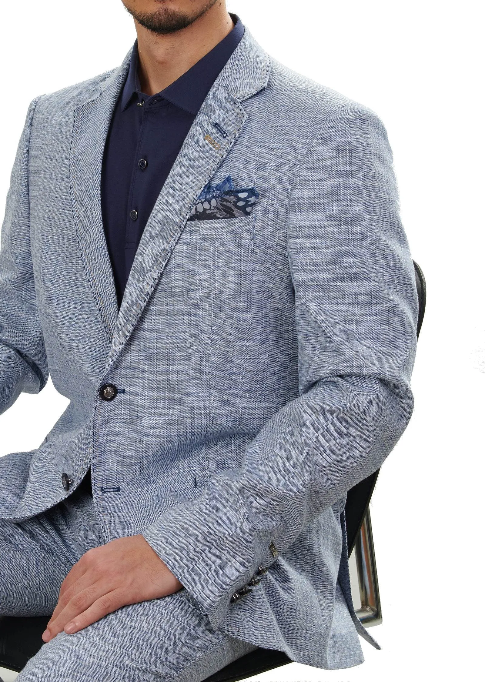 Blue Faded Plaid Linen-Blend Suit