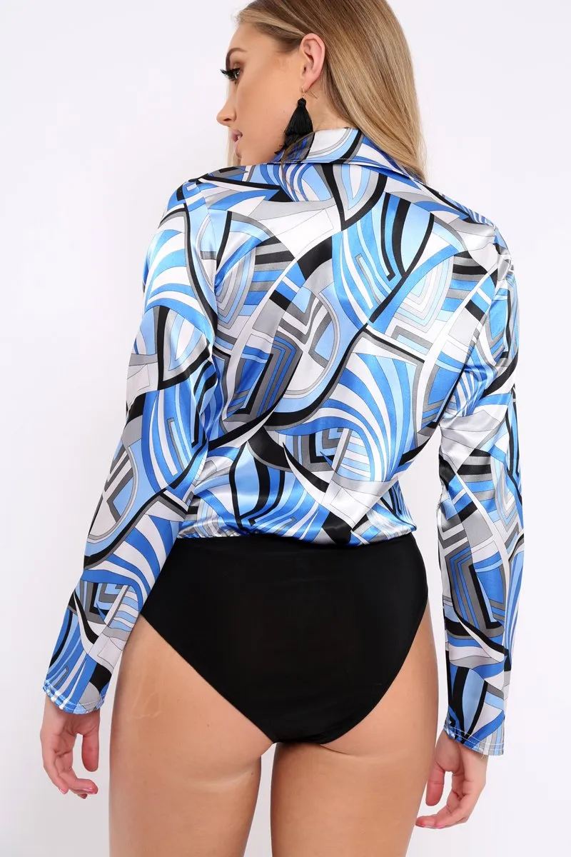 Blue Geometric Print Plunge Satin Bodysuit - Hetty