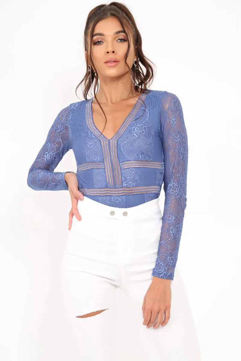 Blue Lace Long Sleeve Open Back Bodysuit - Ellice