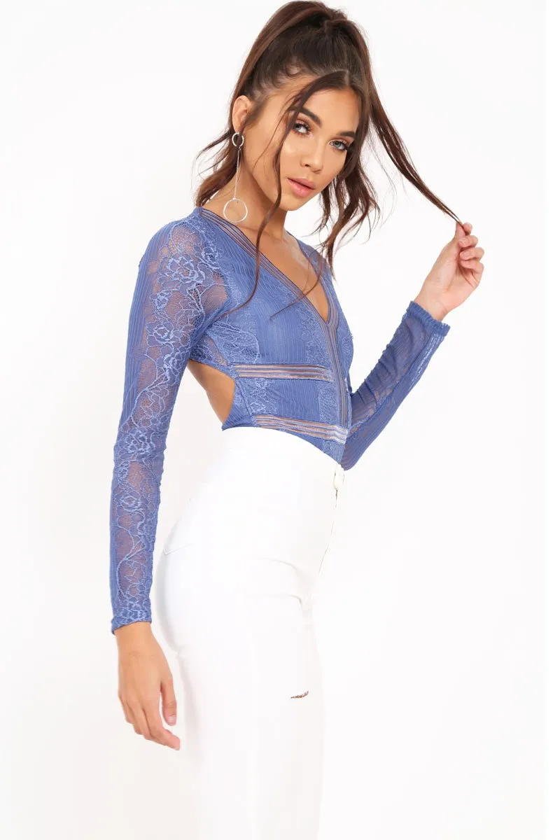 Blue Lace Long Sleeve Open Back Bodysuit - Ellice