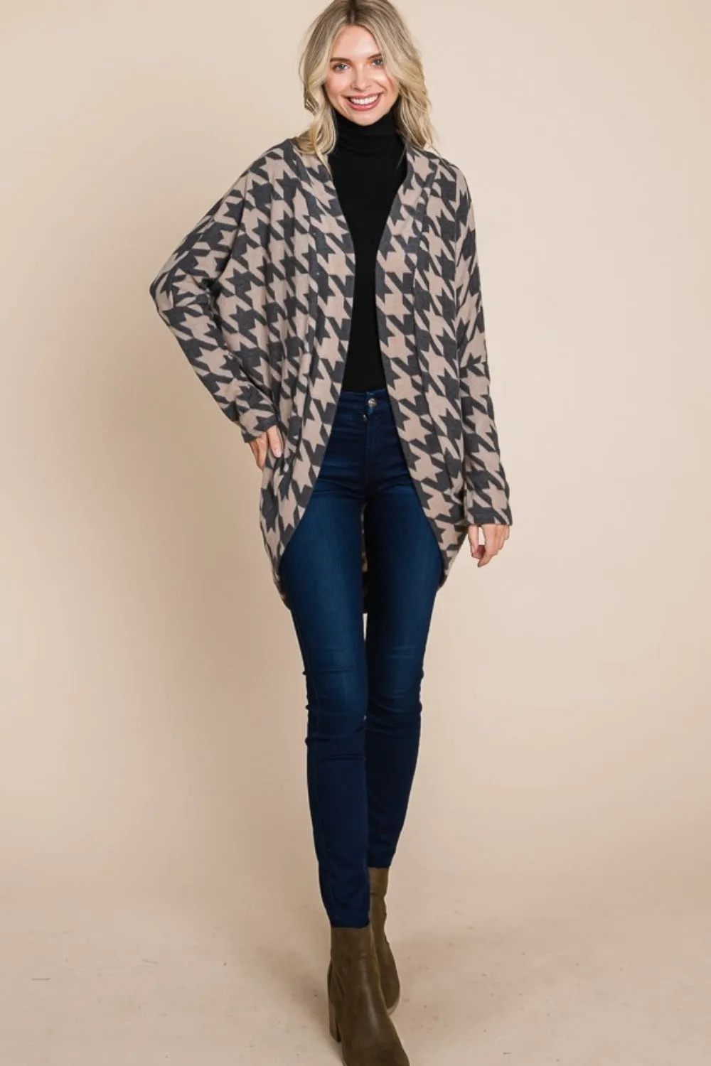 Blue Zone Planet |  BOMBOM Houndstooth Open Front Cocoon Knit Cardigan