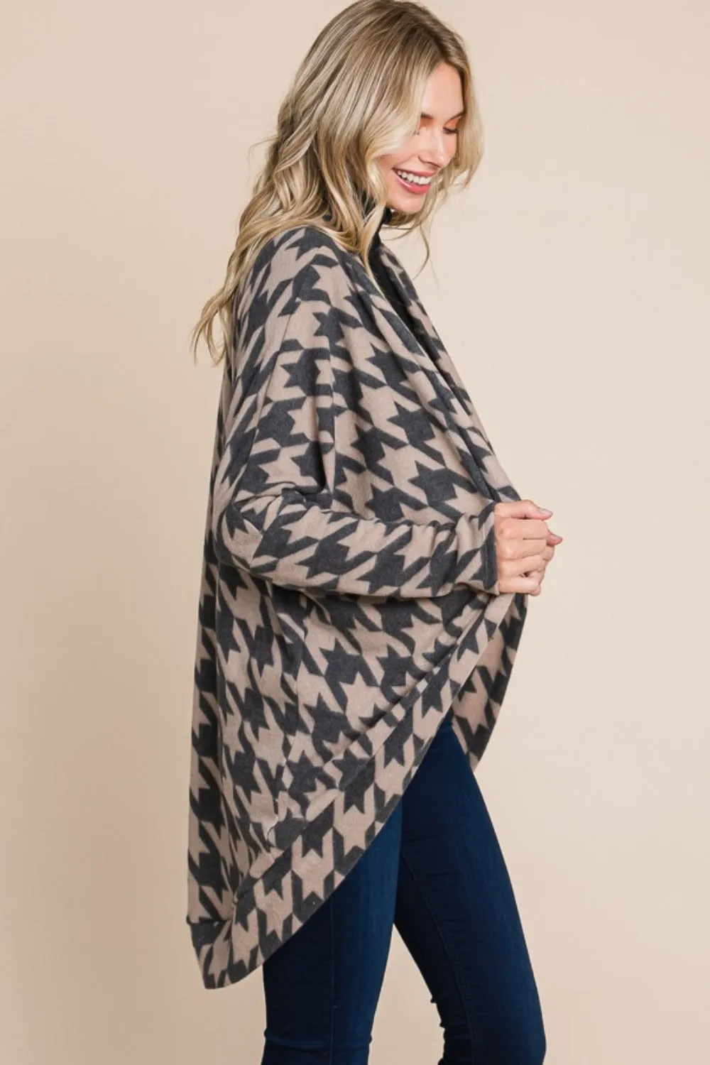 Blue Zone Planet |  BOMBOM Houndstooth Open Front Cocoon Knit Cardigan