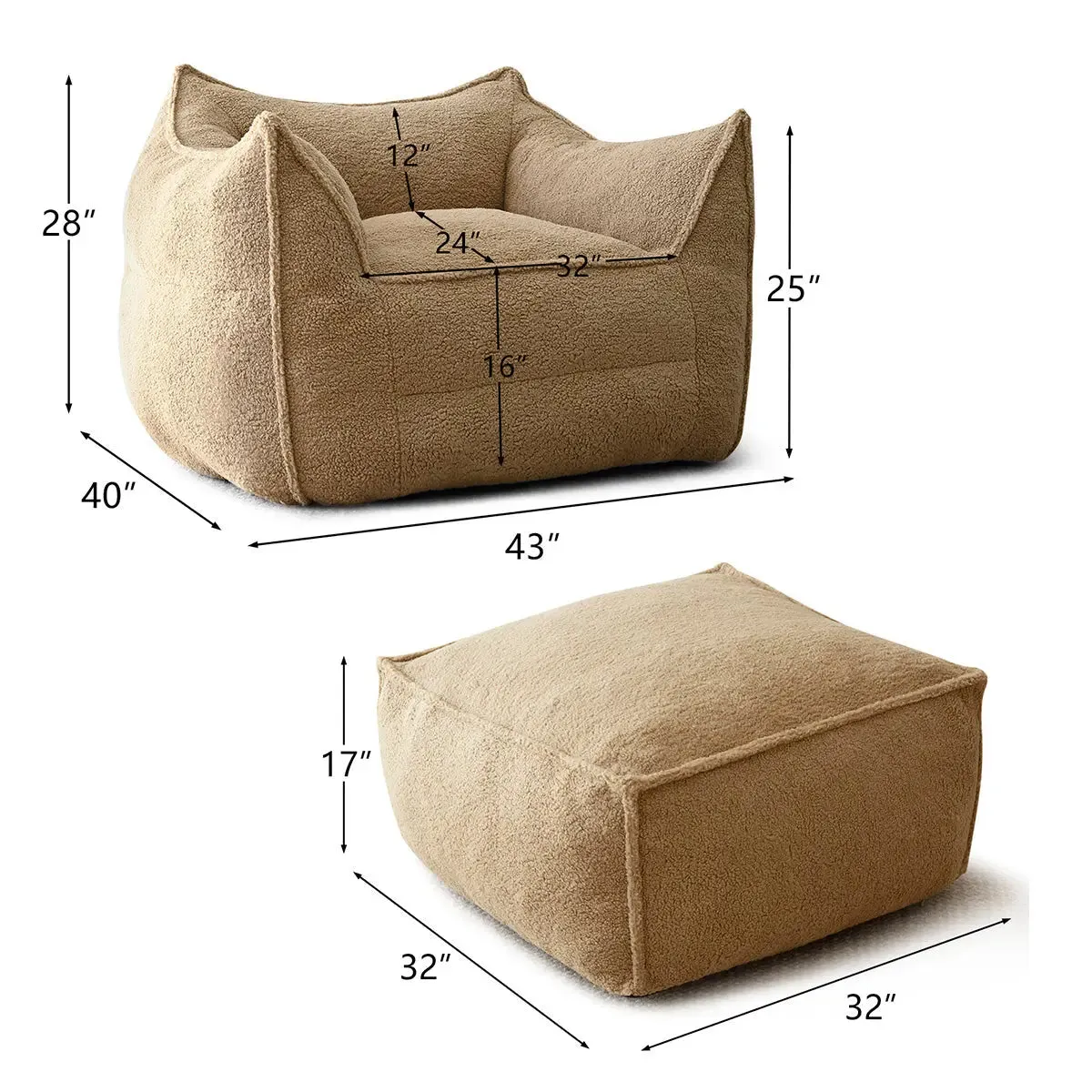 Boring Teddy Fabric Bean Bag Chair & Ottoman Set