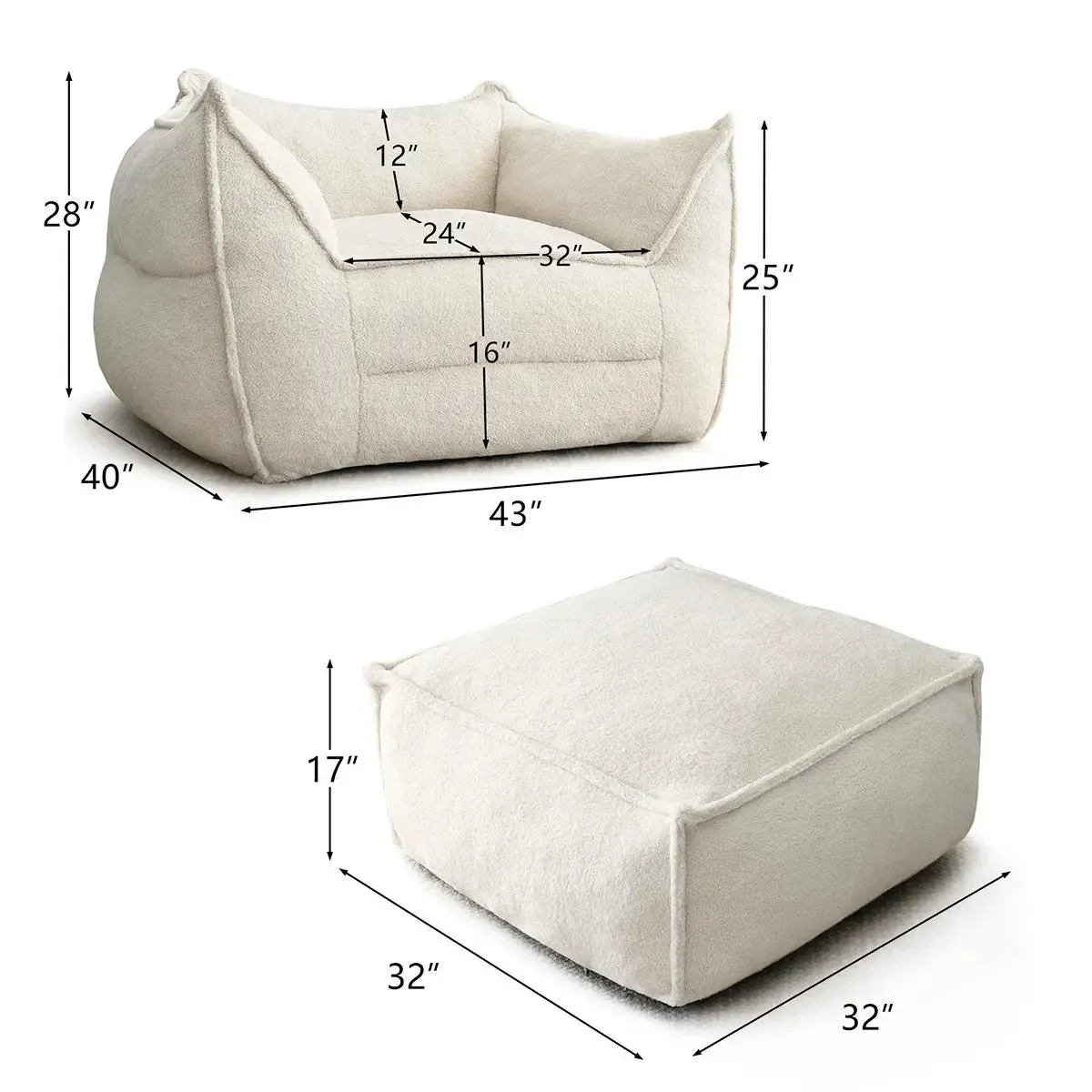 Boring Teddy Fabric Bean Bag Chair & Ottoman Set