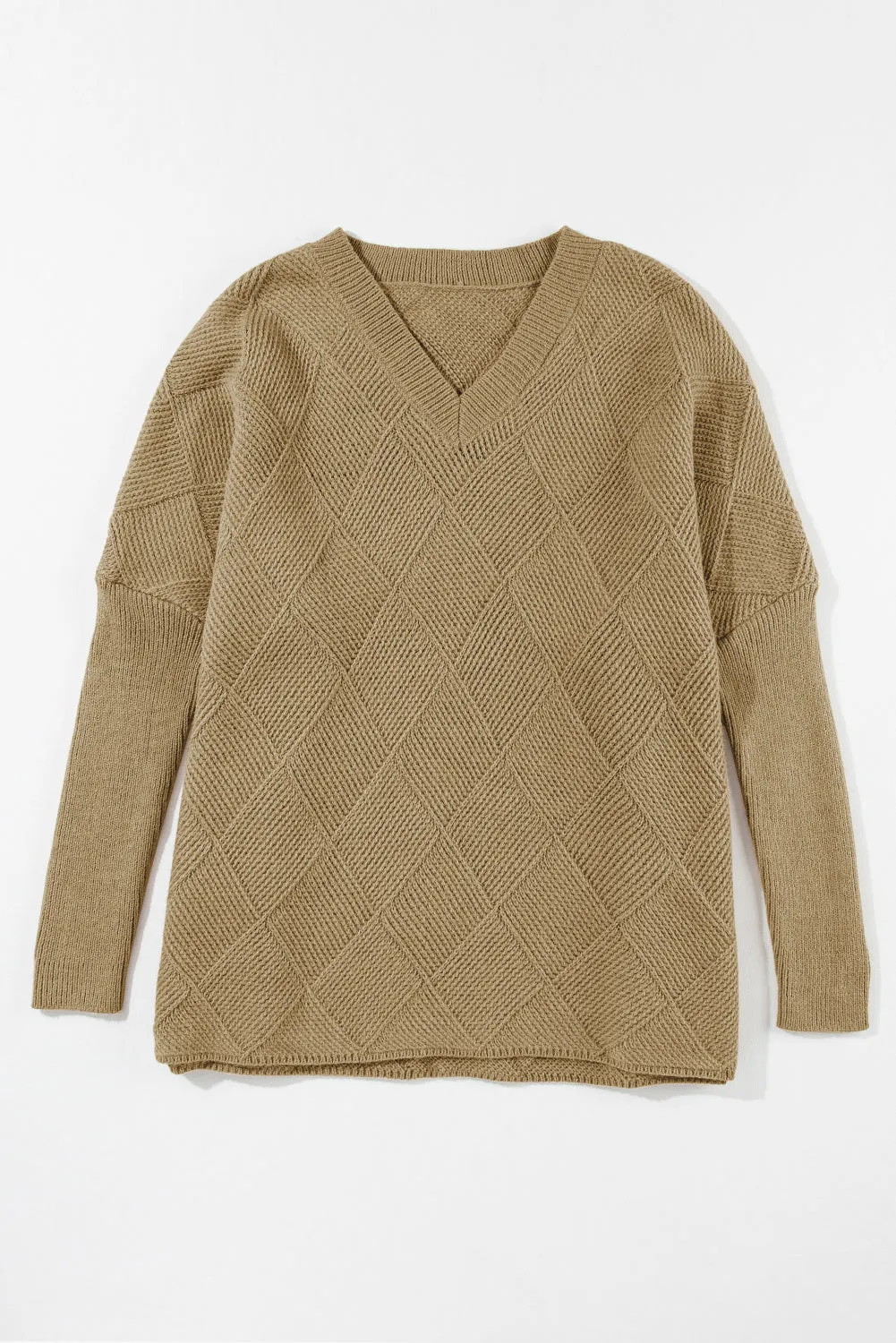 Camel Oversized V-Neck Checkered Batwing Sweater