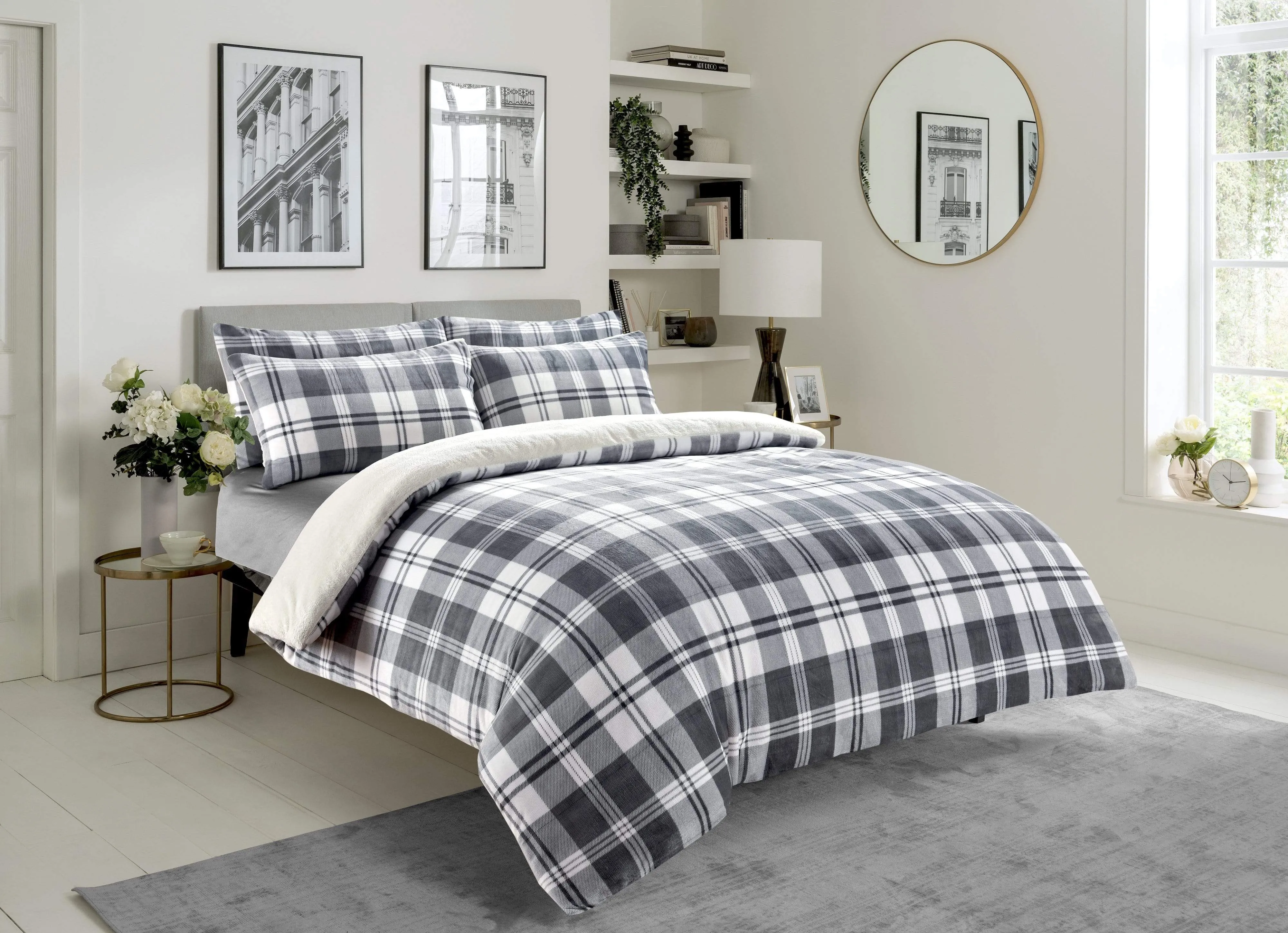 Checked Grey Teddy Fleece Reversible Duvet Set Luxurious Plush Faux Fur Bedding for Winter Available in Single Double King Sizes by OLIVIA ROCCO