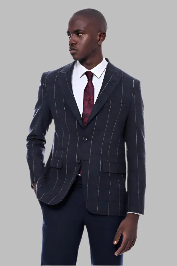 Checked Navy Blue Slim-Fit Blazer - Wessi