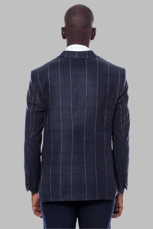 Checked Navy Blue Slim-Fit Blazer - Wessi