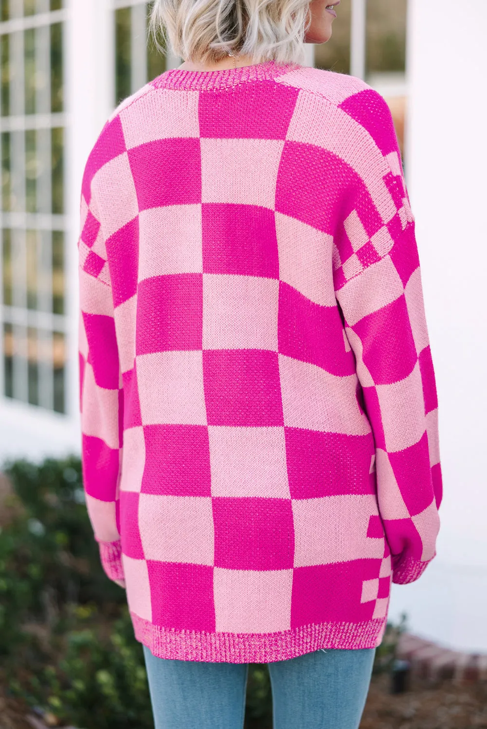 Checker Ribbed Trim Open Front Cardigan