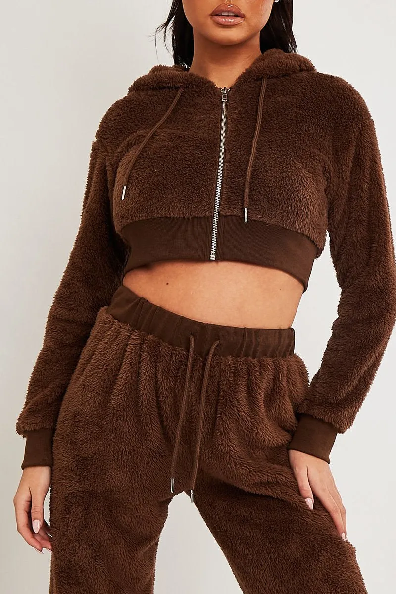 Chocolate Cropped Teddy Zip Up Hoodie - Cheryl