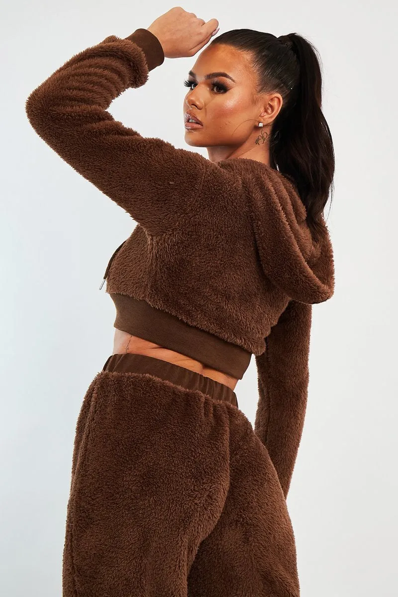 Chocolate Cropped Teddy Zip Up Hoodie - Cheryl