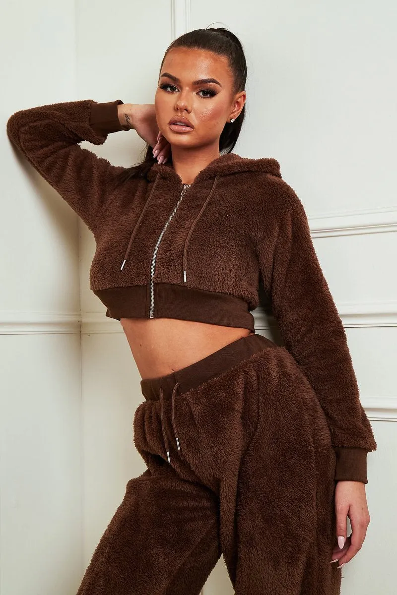 Chocolate Cropped Teddy Zip Up Hoodie - Cheryl