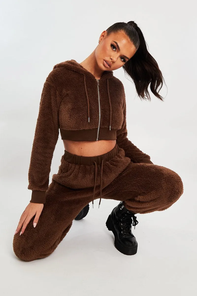 Chocolate Cropped Teddy Zip Up Hoodie - Cheryl