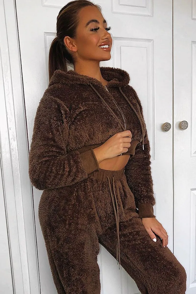 Chocolate Cropped Teddy Zip Up Hoodie - Cheryl