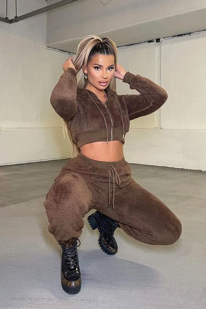 Chocolate Cropped Teddy Zip Up Hoodie - Cheryl