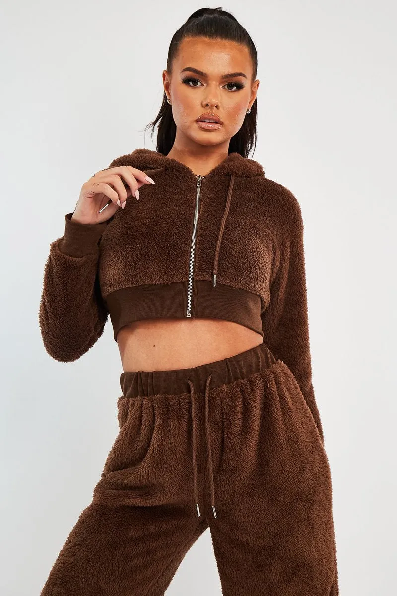 Chocolate Cropped Teddy Zip Up Hoodie - Cheryl