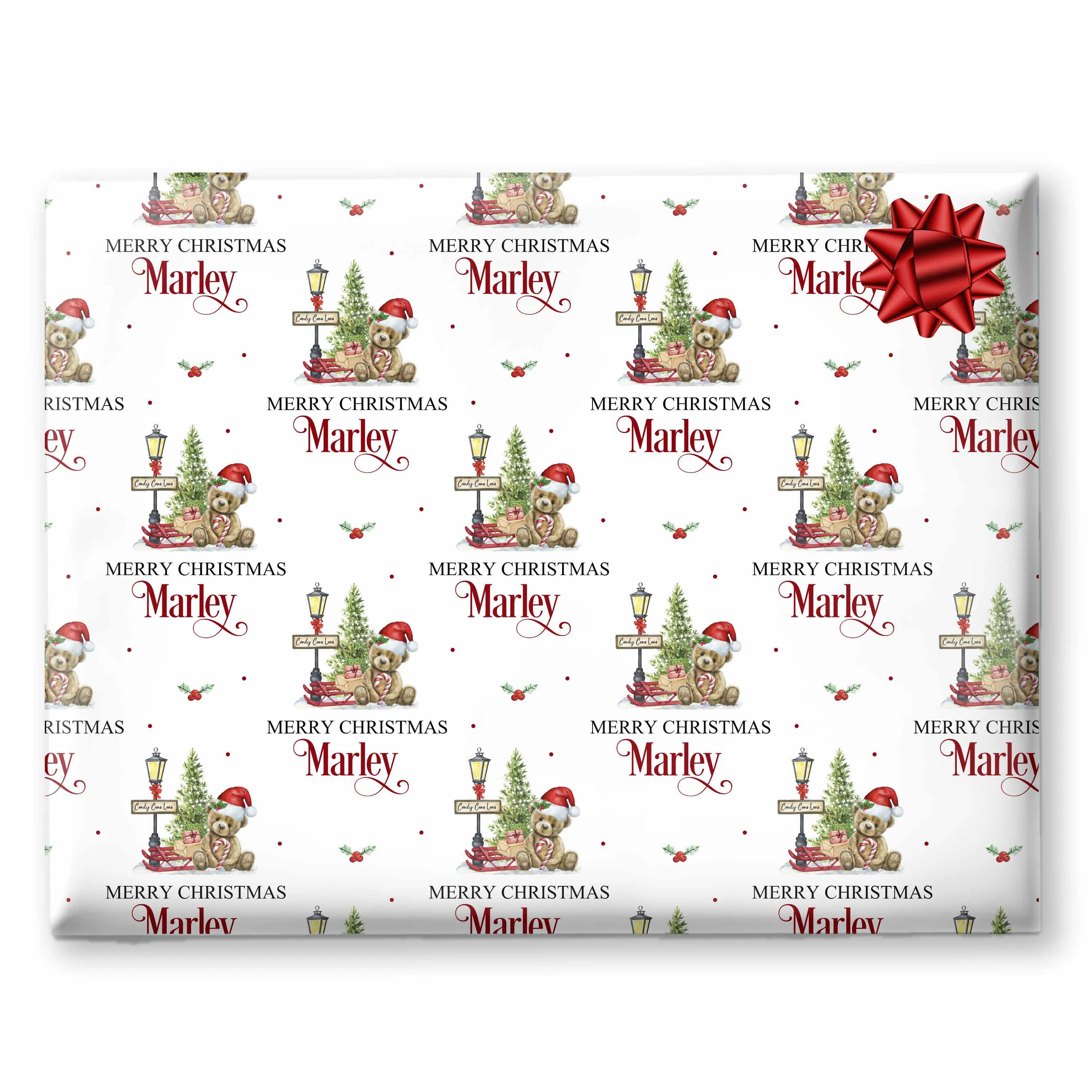 Christmas Wrapping Paper Teddy Candy Cane Lane Boy