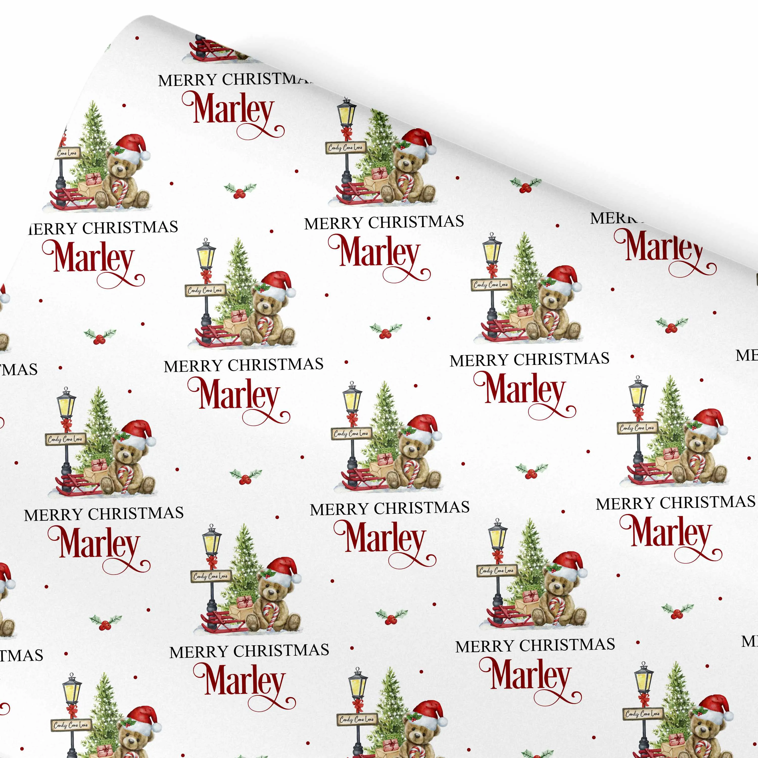 Christmas Wrapping Paper Teddy Candy Cane Lane Boy