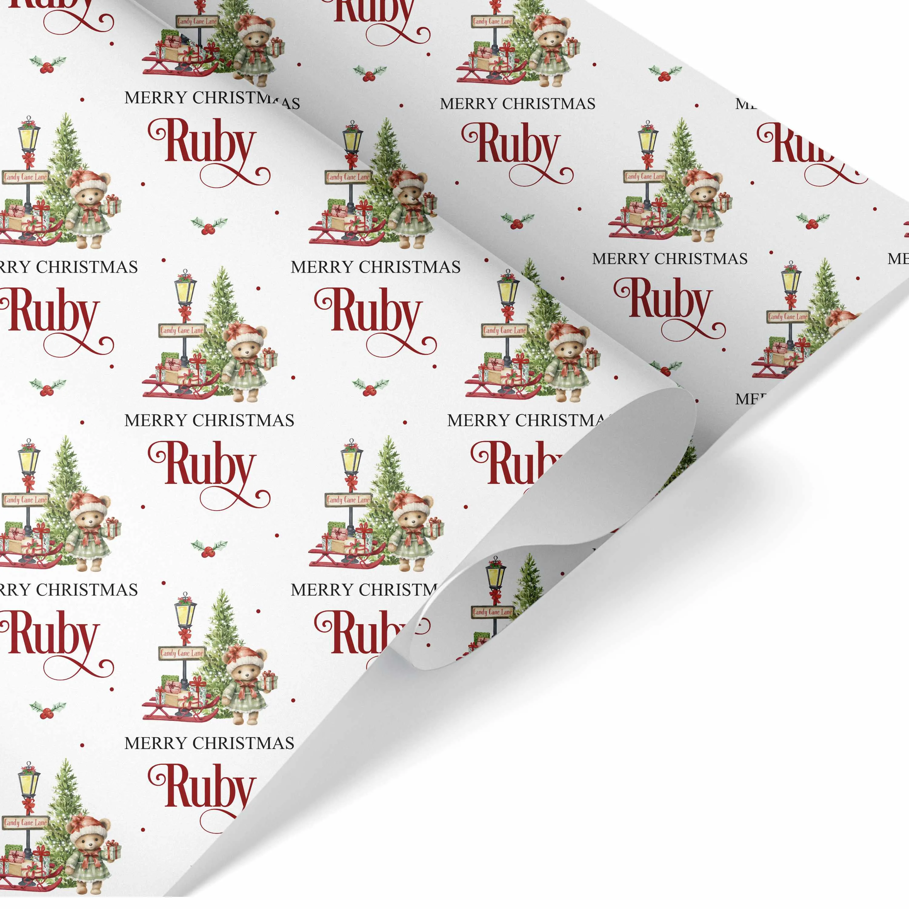 Christmas Wrapping Paper Teddy Candy Cane Lane Girl