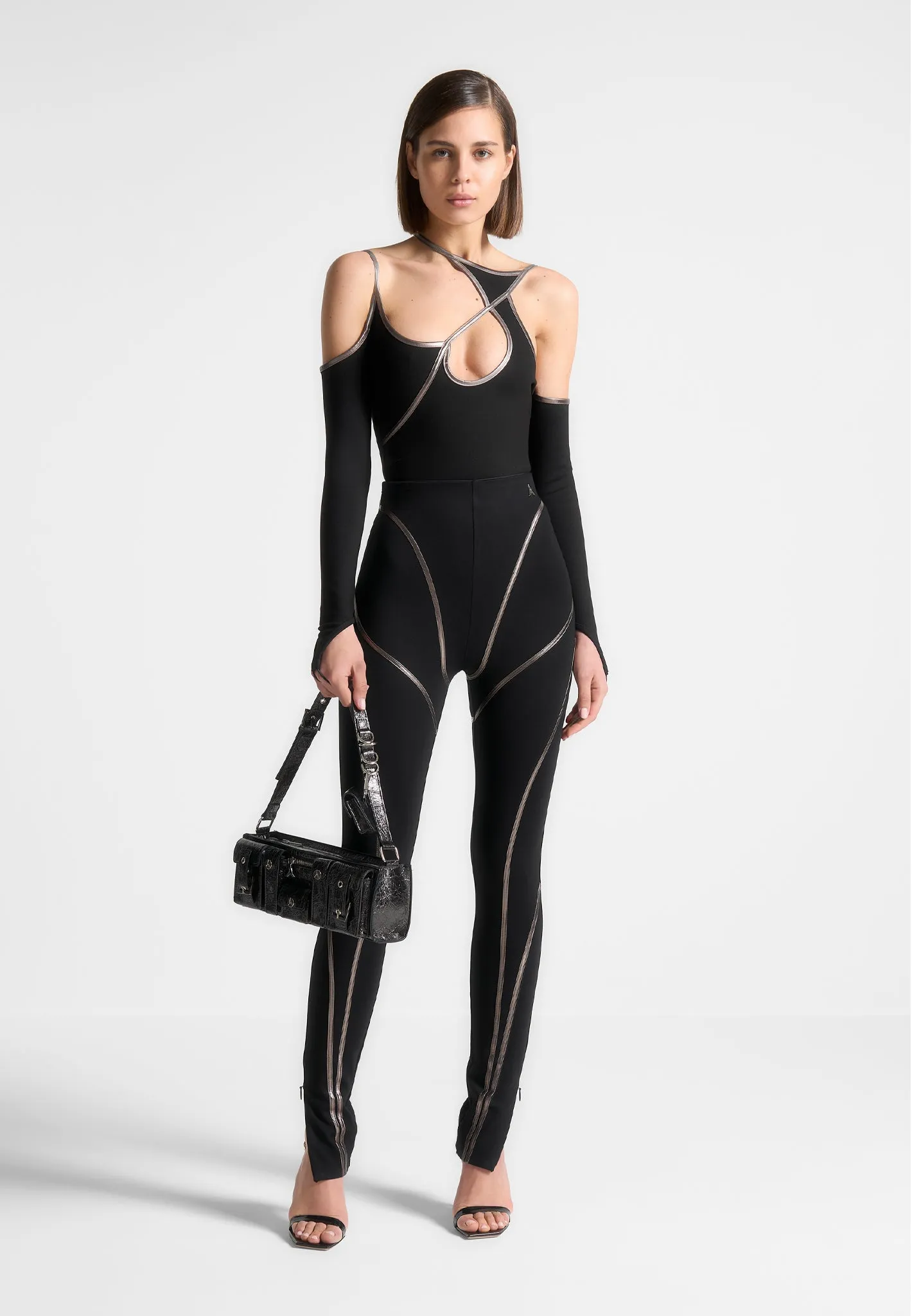 Chrome Piped Contour Bodysuit - Black